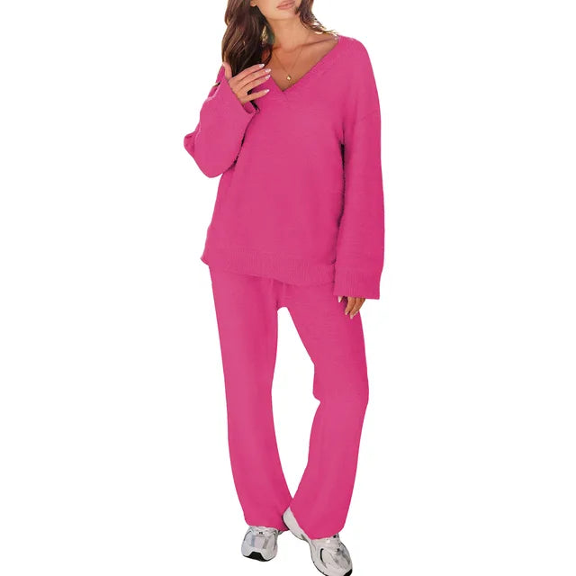 Comfortabel Pyjama Set met V-hals en Lange Mouwen – Perfect voor Ontspanning