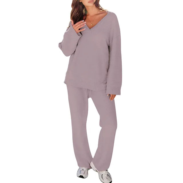 Comfortabel Pyjama Set met V-hals en Lange Mouwen – Perfect voor Ontspanning