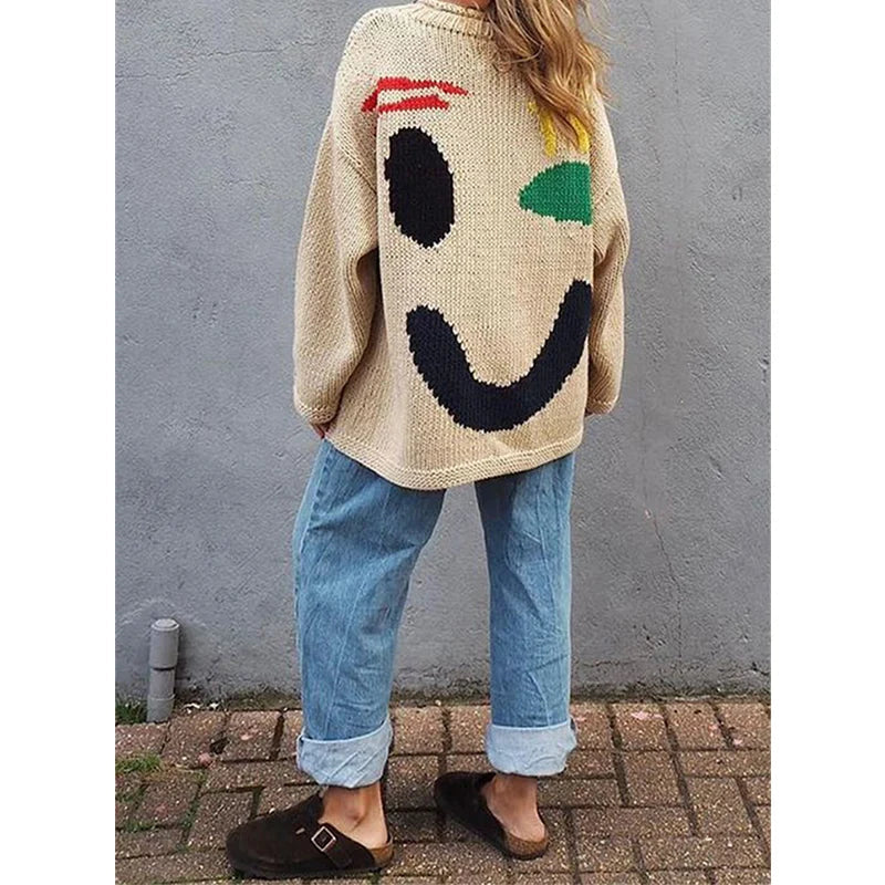 Stijlvolle dames trui met lachend gezicht ontwerp – Perfect voor een casual look