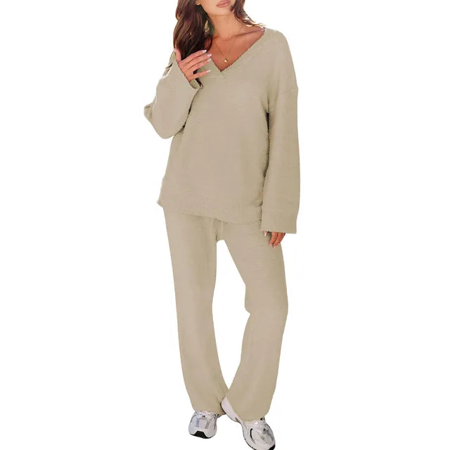 Comfortabel Pyjama Set met V-hals en Lange Mouwen – Perfect voor Ontspanning