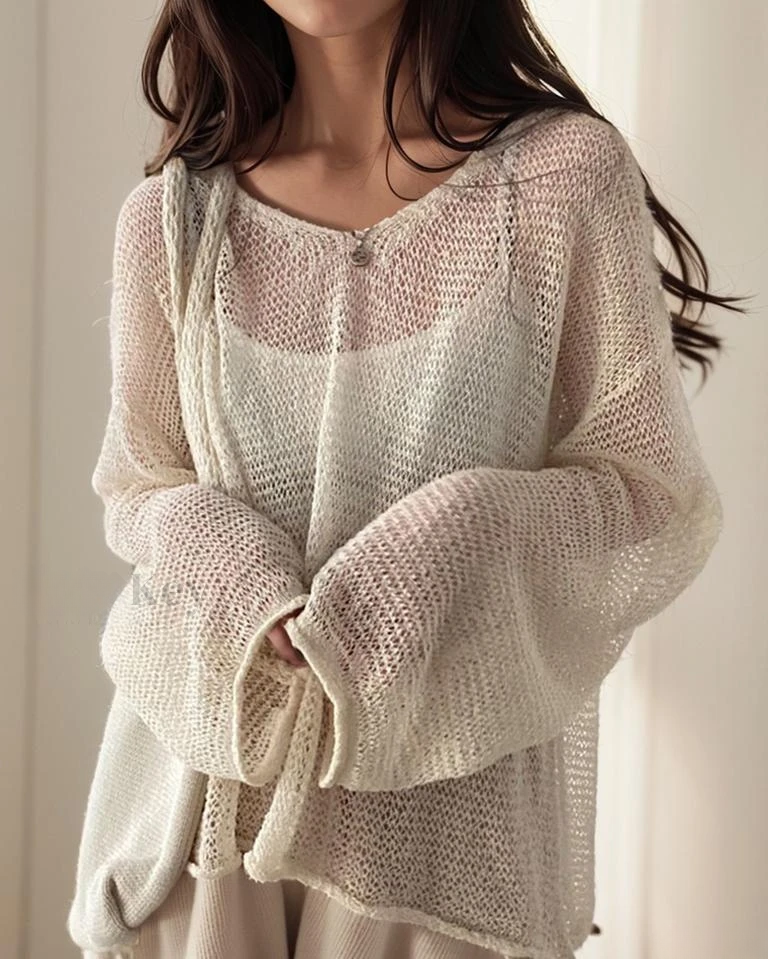 Mira-Chic Tie-up Hollow Ruitpatroon Top met Zonnebescherming, Lange Mouwen