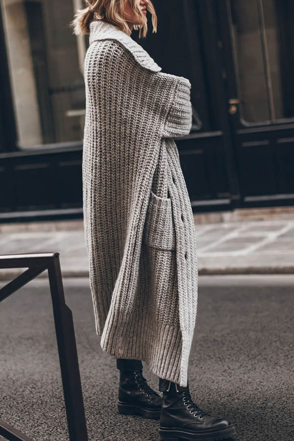 Warme Dikke Gebreide Lange Vest met Knoopsluiting en Zakken – Oversized Model