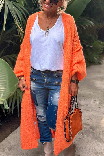 Oversized Midi Cardigan met Rugprint en Zak – Comfort en Stijl