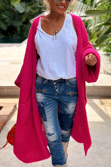 Oversized Midi Cardigan met Rugprint en Zak – Comfort en Stijl