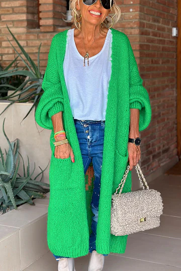 Oversized Midi Cardigan met Rugprint en Zak – Comfort en Stijl