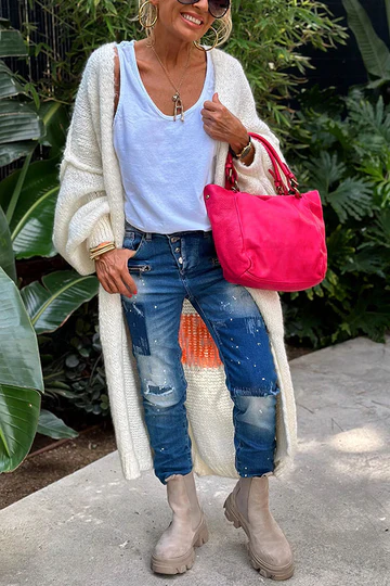 Oversized Midi Cardigan met Rugprint en Zak – Comfort en Stijl