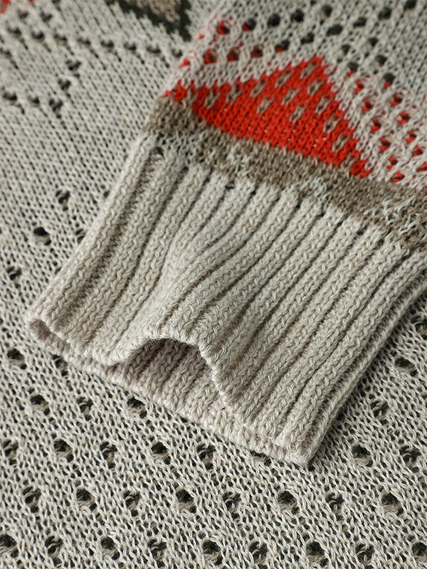 Jalina - Zandkleurige trui met geometrisch patroon en lange mouwen