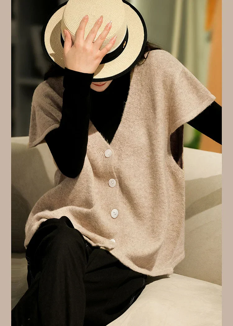 Beige V-Hals Knoopvest - Korte Mouw Waistcoat voor Dames