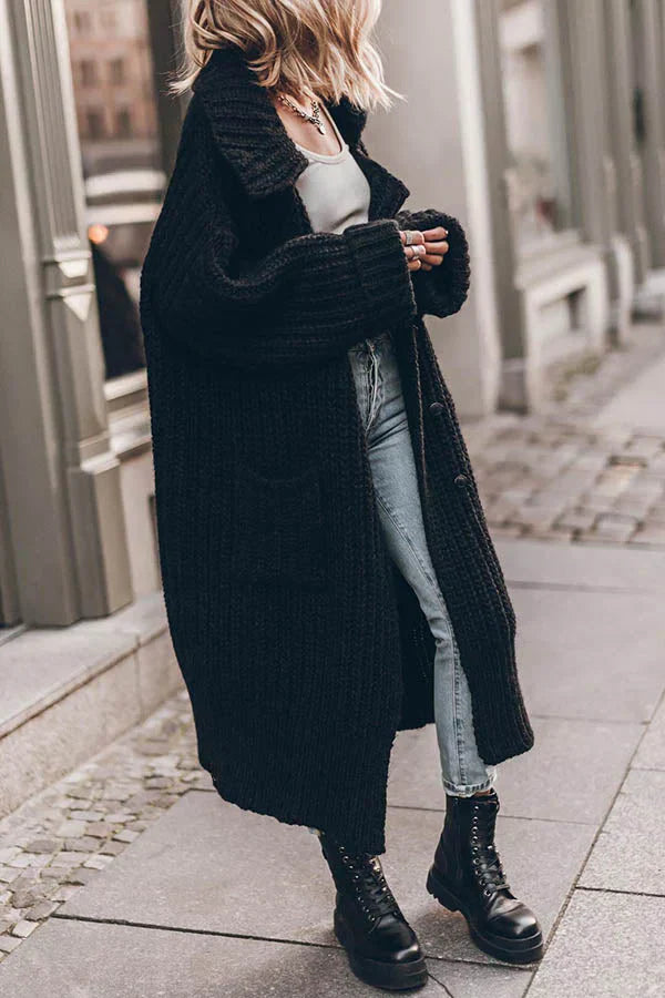 Warme Dikke Gebreide Lange Vest met Knoopsluiting en Zakken – Oversized Model