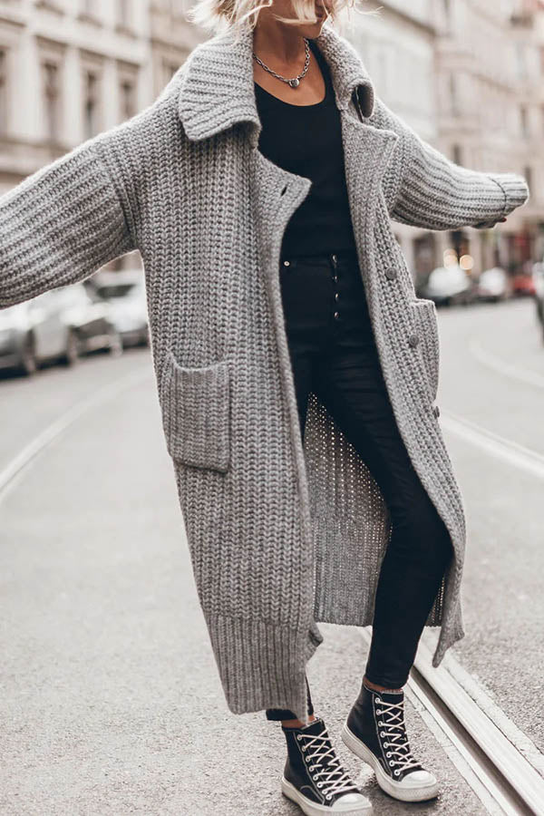 Warme Dikke Gebreide Lange Vest met Knoopsluiting en Zakken – Oversized Model