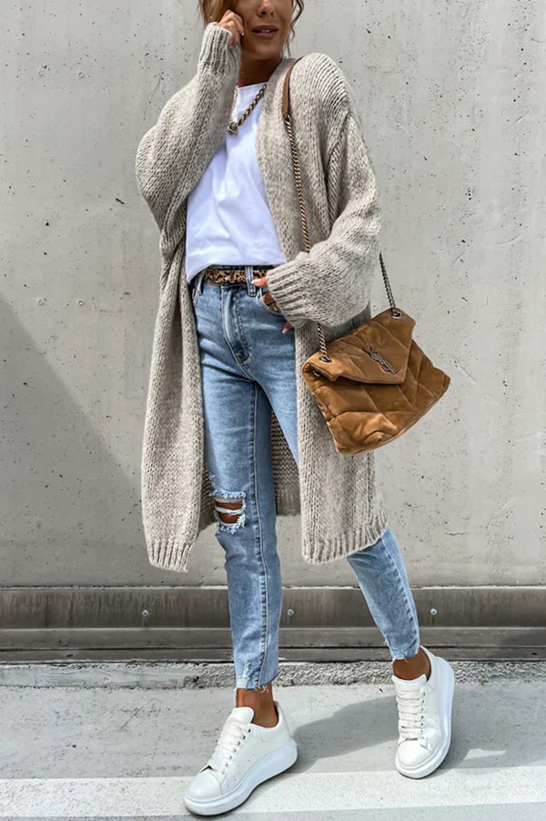 Effen Kleur V-hals Lange Oversized Midi Cardigan – Comfortabel en Stijlvol