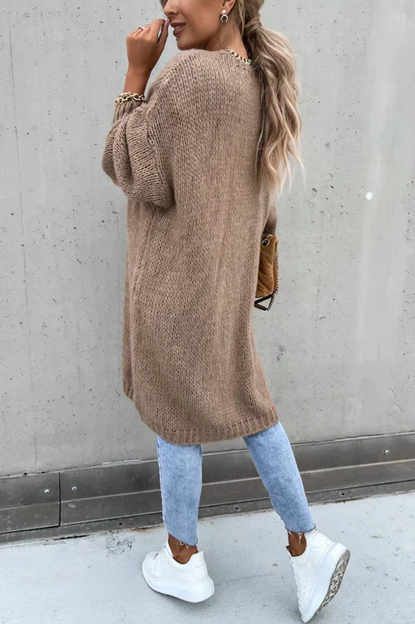 Effen Kleur V-hals Lange Oversized Midi Cardigan – Comfortabel en Stijlvol