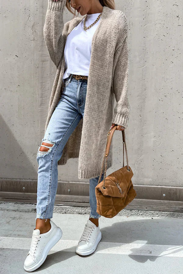 Effen Kleur V-hals Lange Oversized Midi Cardigan – Comfortabel en Stijlvol