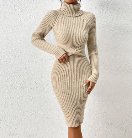 Elegante Jurk met Hoge Kraag en Taille Accent