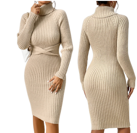 Elegante Jurk met Hoge Kraag en Taille Accent