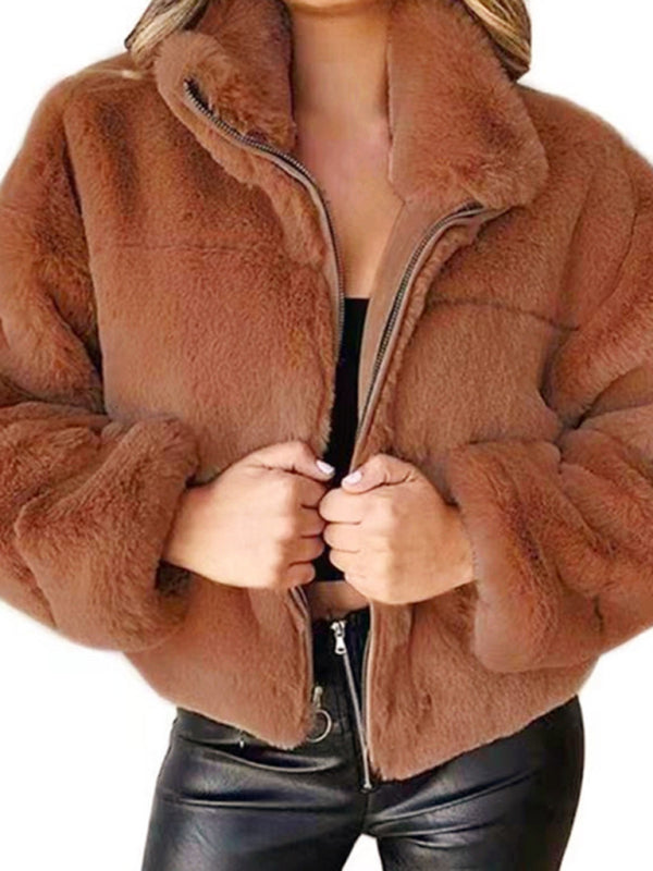 Warme Damesjas met Rits en Hoge Kraag - Gezellige Teddy Bear Look