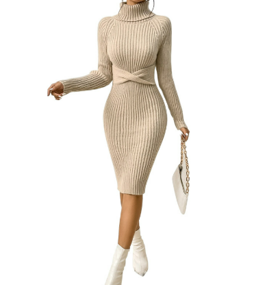 Elegante Jurk met Hoge Kraag en Taille Accent