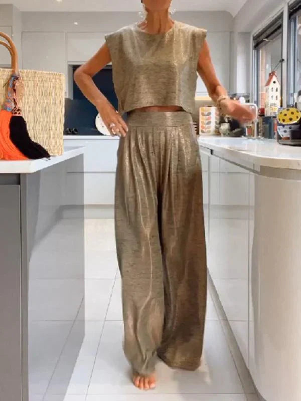 Olivia - Tweedelig glanzend vest en wijde broek voor dames